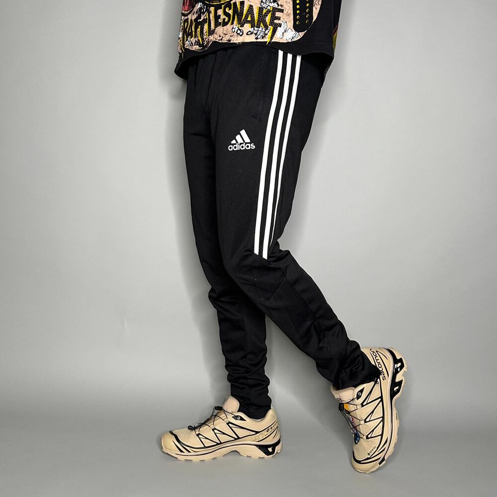 Vintage Y2K Adidas Sweatpants Youth XL Slim Jet Black White Polyester Joggers - Picture 1 of 4